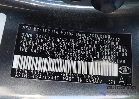 2012 Toyota Corolla S z USA, uszkodzony, nr VIN 2T1BU4EE9CC907414